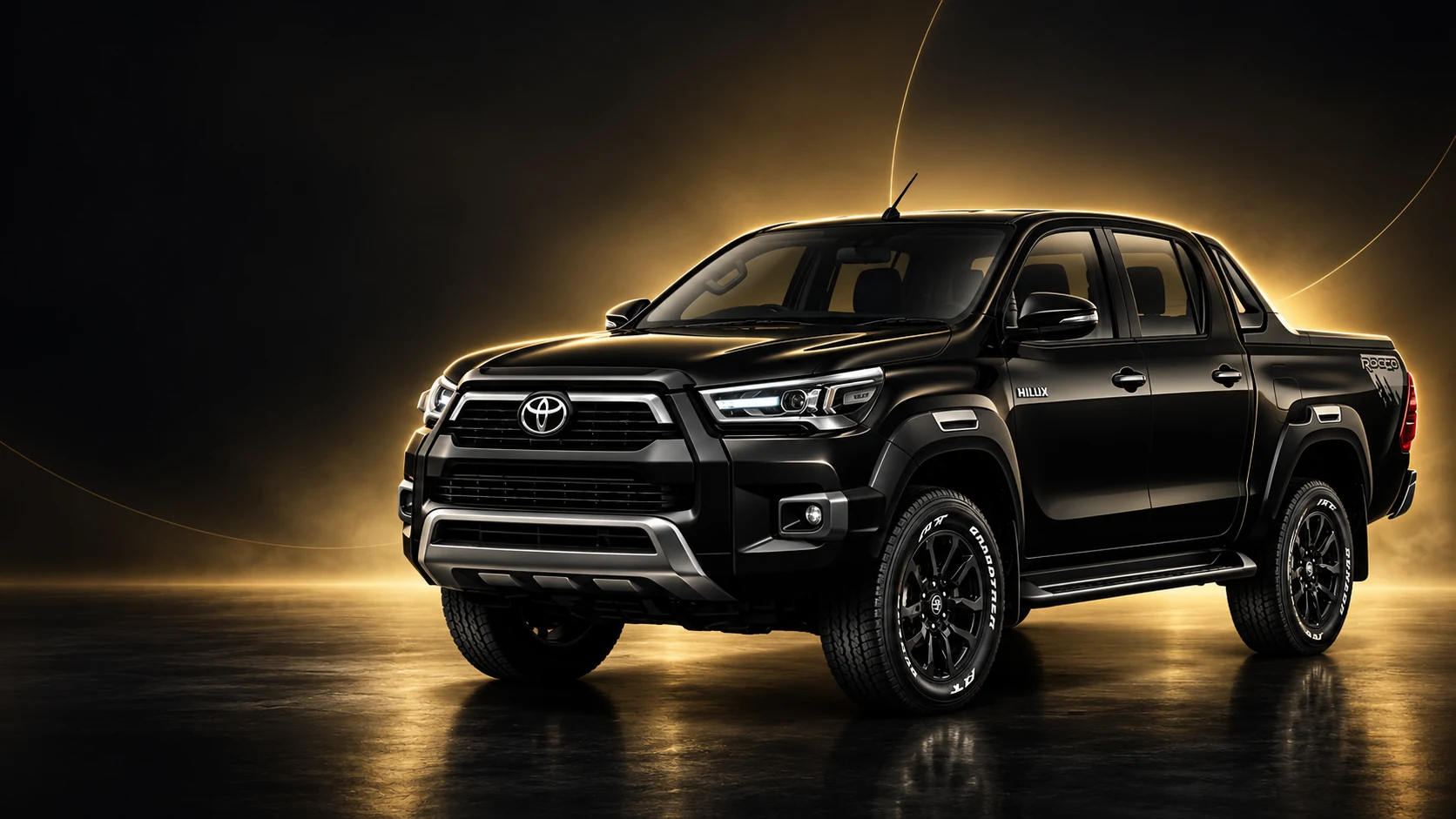 Black Toyota Hilux Revo Rocco pickup in cinematic warm gold studio lighting, Shadab Butt Rent A Car